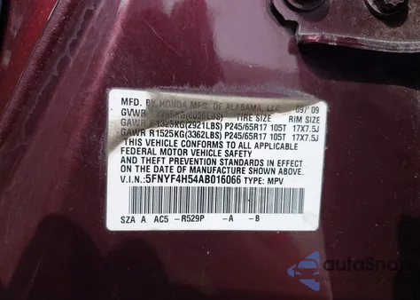 2010 Honda Pilot Ex-L z USA, uszkodzony, nr VIN 5FNYF4H54AB016066